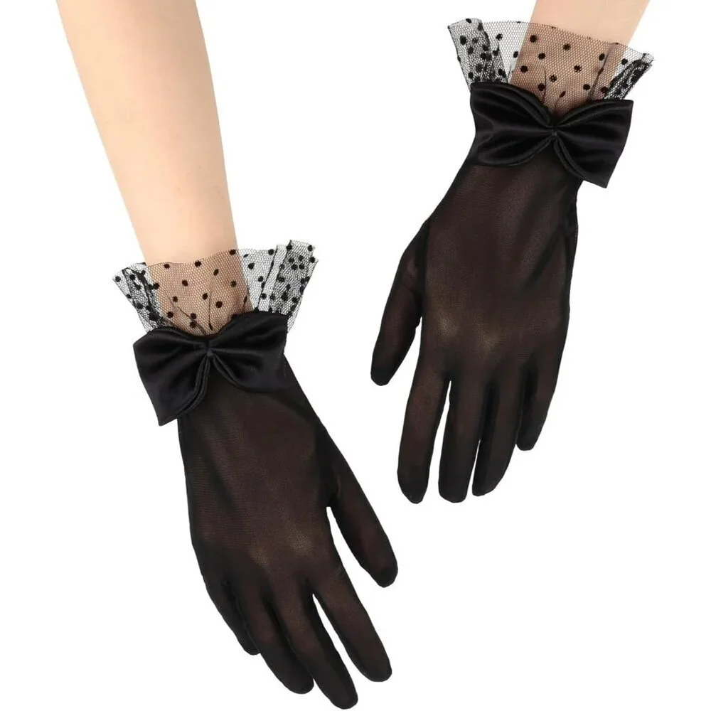 Women's Black Bow Short Lace Veil Feather Derby Tea Party Elegant Gloves Styles